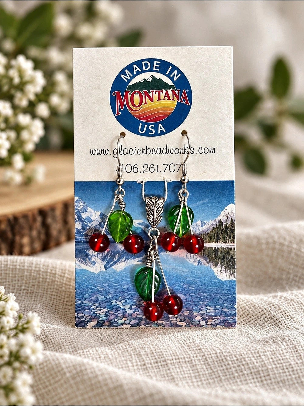 NWT Glacier Beadworks Cherry Earrings & Pendant Set Made in Montana